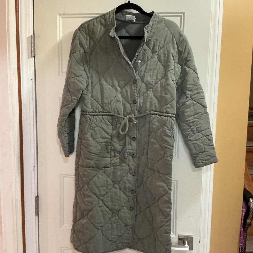 Find Me Now Women Sage Green Quilted Longline Snap Front Drawstring Coat Small